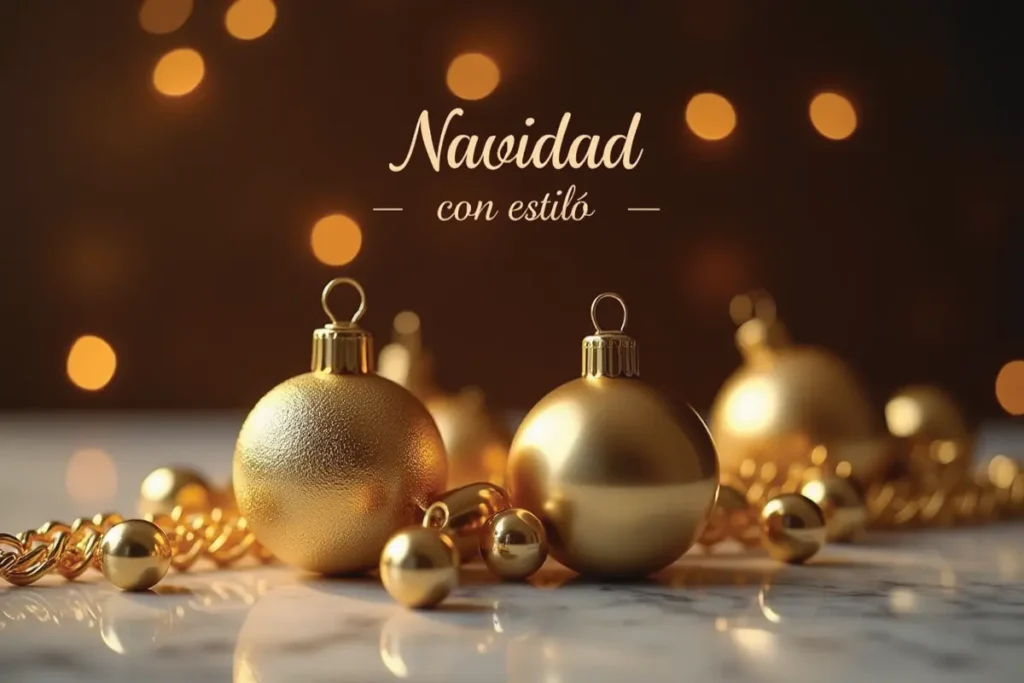 Adornos navideños metálicos dorados y plateados con acabado brillante, decoración moderna y elegante para el árbol de Navidad.