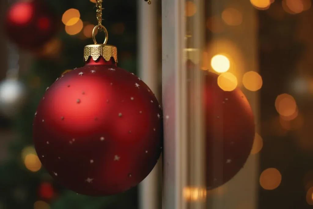 Primer plano de un adorno navideño rojo colgando frente a la ventana.”