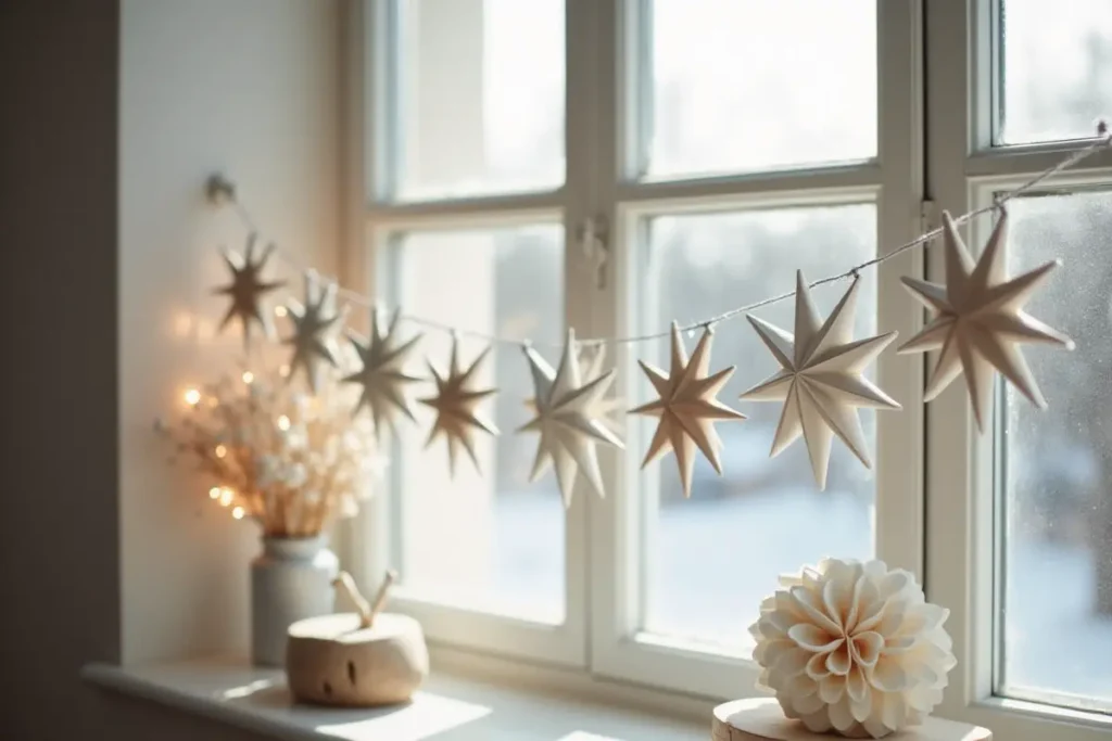 Ventana navideña de estilo escandinavo con estrellas blancas y detalles en madera