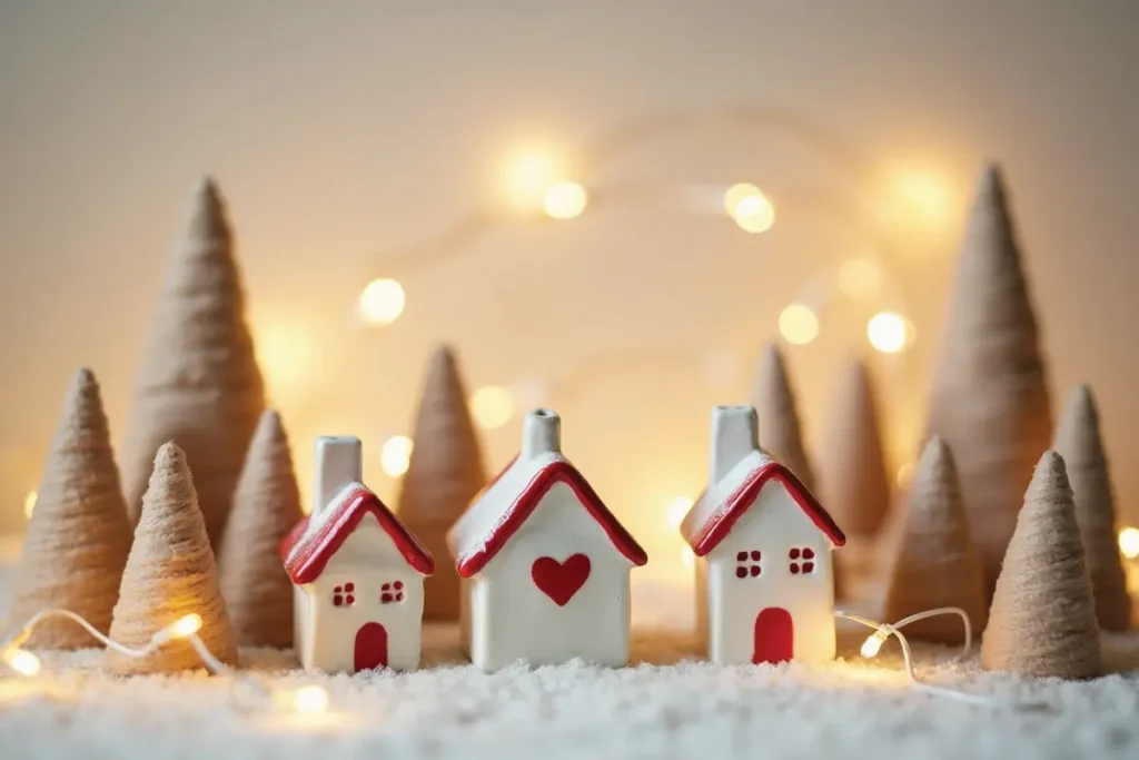 Mini casas cerámicas y pequeños árboles decorativos con luces navideñas