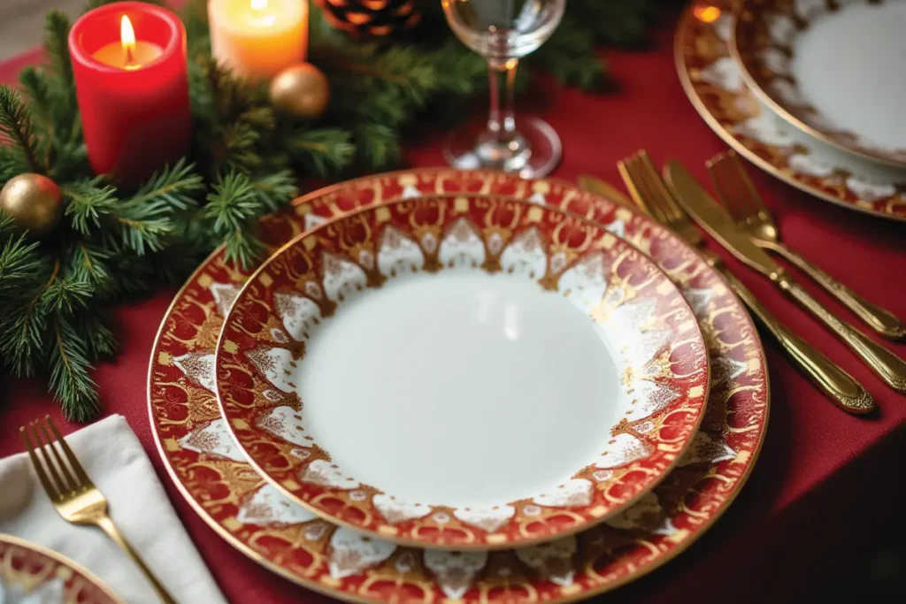 Red and gold Christmas dinner plates on a festive table with candles.