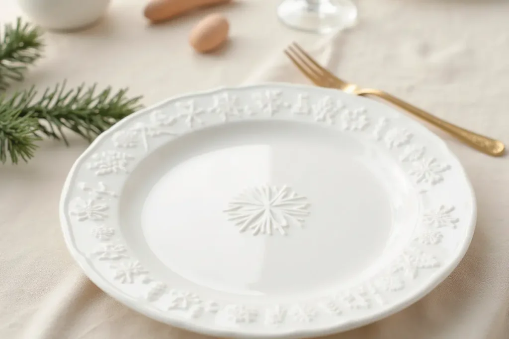 Platos navideños minimalistas blancos con relieve de copo de nieve.