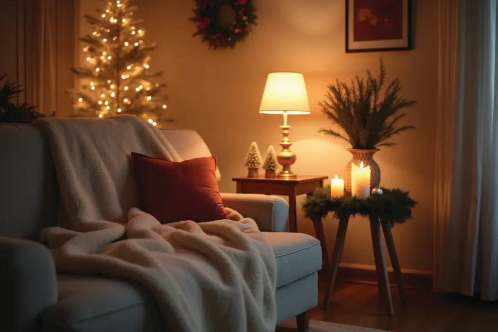 Rincón acogedor navideño con manta, velas y luces cálidas en un espacio pequeño.