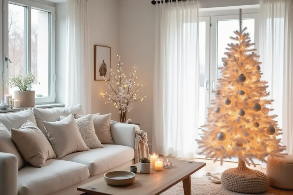 Sala navideña estilo escandinavo con árbol blanco, madera clara y decoración minimalista.