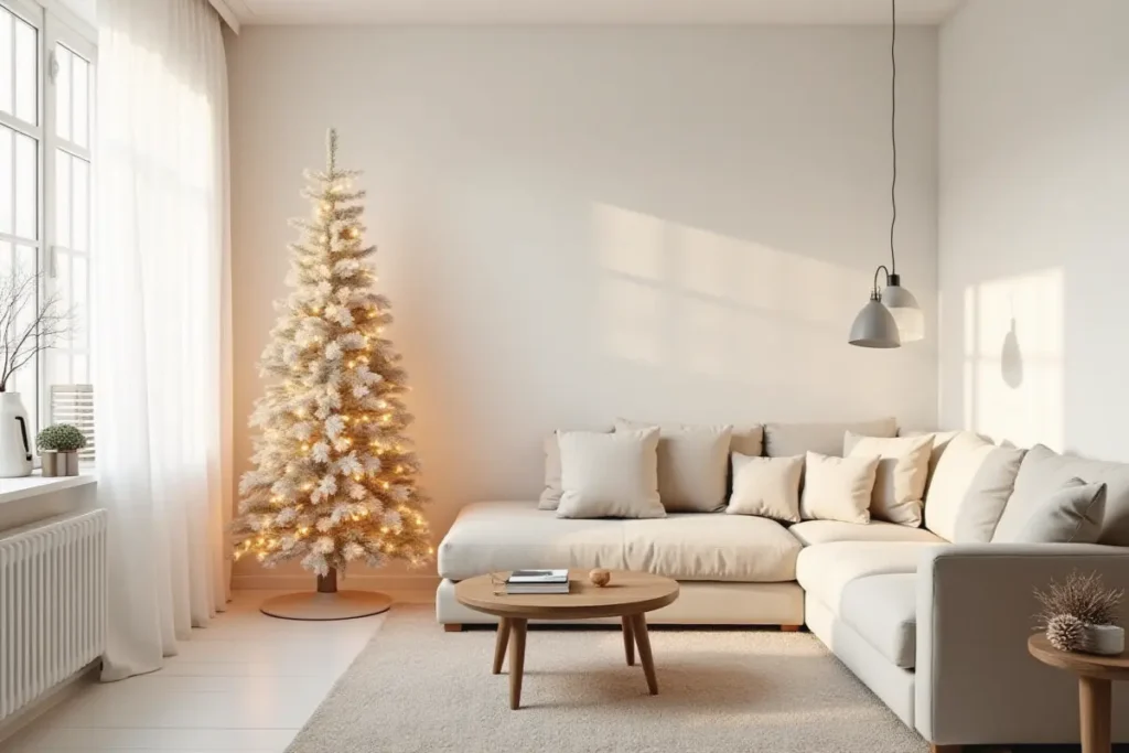 Sala de Navidad minimalista en blanco y beige con árbol delgado y luces cálidas.