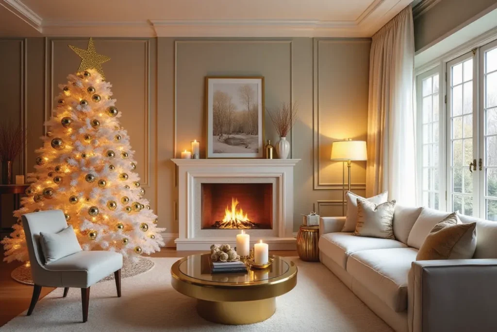 Sala navideña moderna con detalles dorados elegantes y decoración luminosa.
