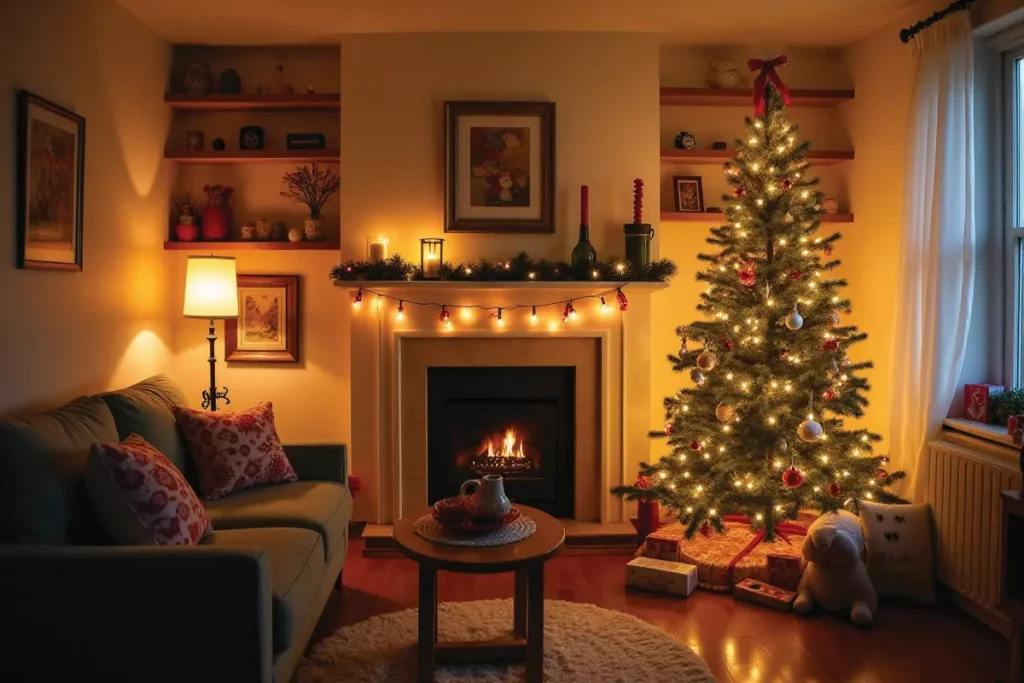 Sala pequeña decorada para Navidad con árbol delgado y detalles sencillos.