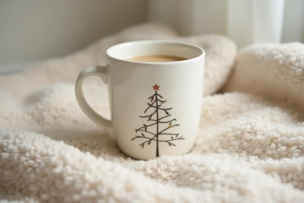 Taza navideña minimalista en cerámica blanca con diseño de árbol.
