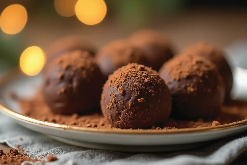 Trufas navideñas de chocolate decoradas con luz cálida
