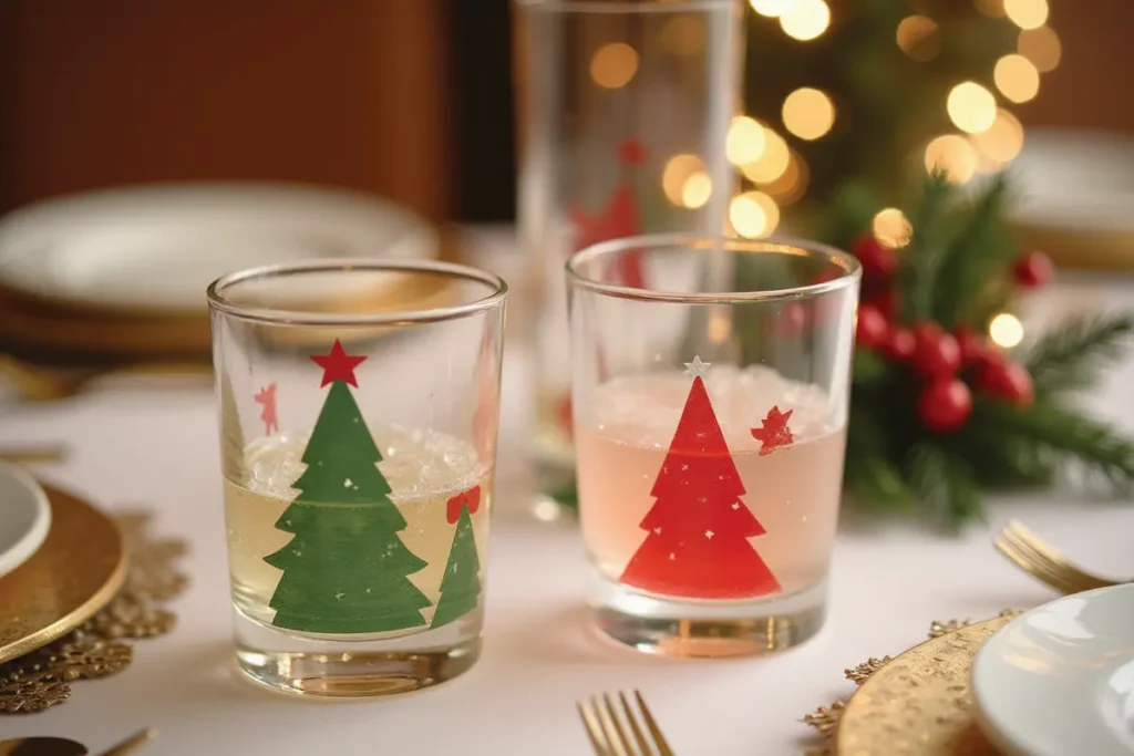 Vasos navideños con detalles en rojo y verde sobre mesa festiva.