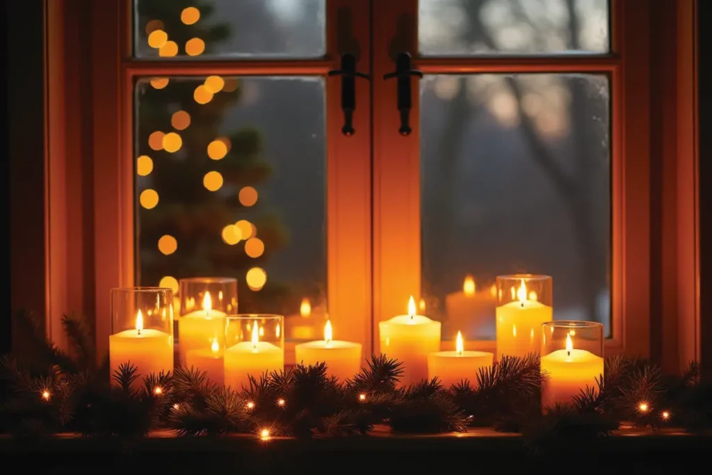 Ventana decorada con velas LED y ramas de pino en Navidad