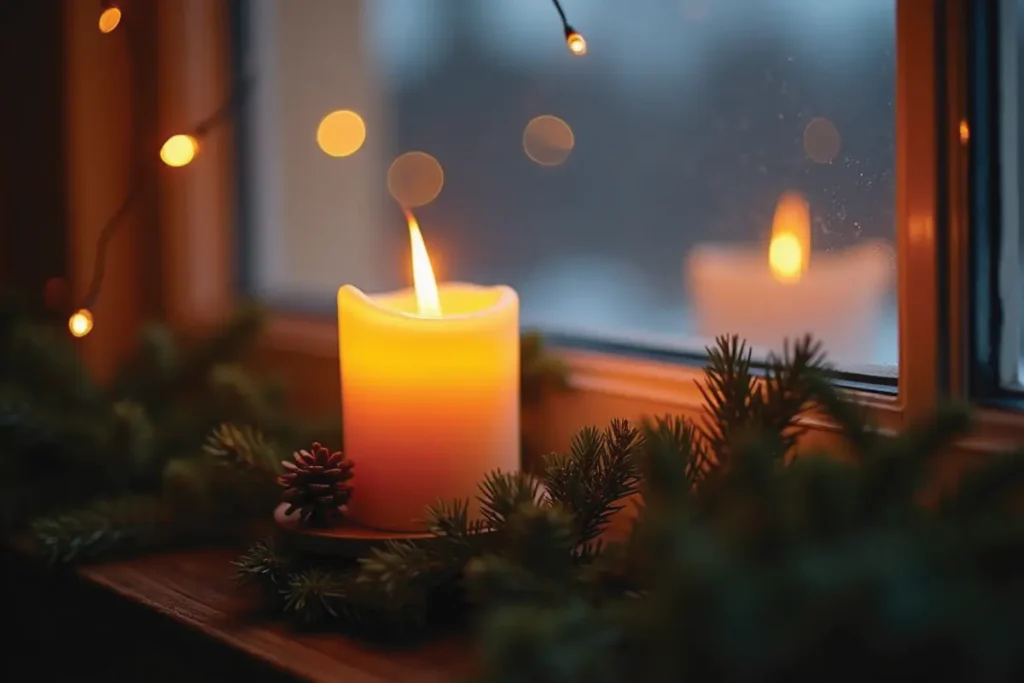 Primer plano de una vela LED con ramas de pino sobre un alféizar navideño
