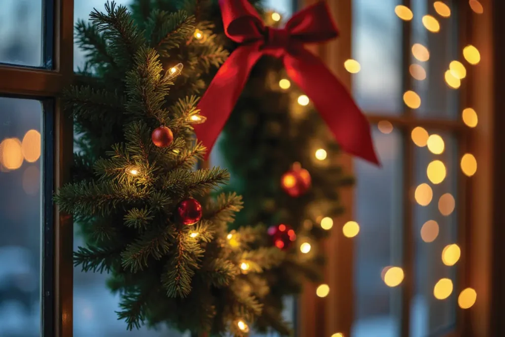 Primer plano de corona navideña con lazos y luces colgando en la ventana