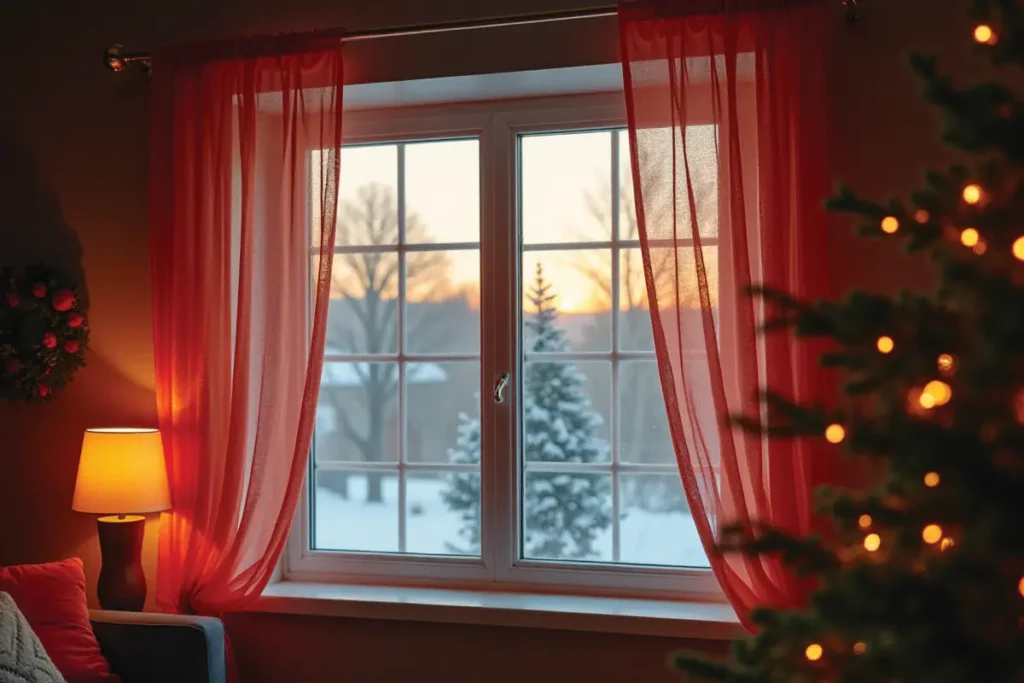 Ventana adornada con cortinas navideñas modernas y luz cálida