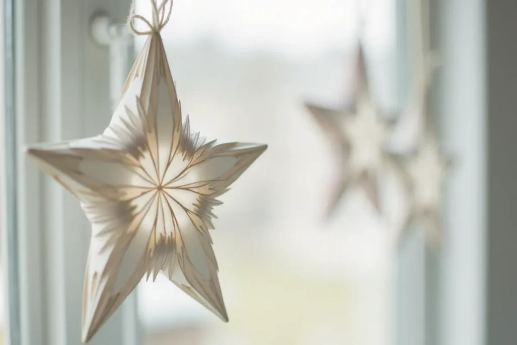 Detalle de una estrella navideña blanca colgando en una ventana estilo escandinavo