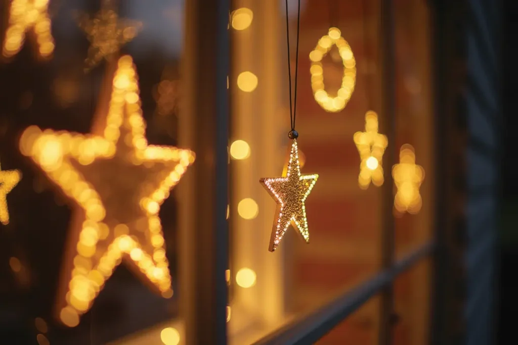 Primer plano de estrellas navideñas doradas colgando frente a una ventana