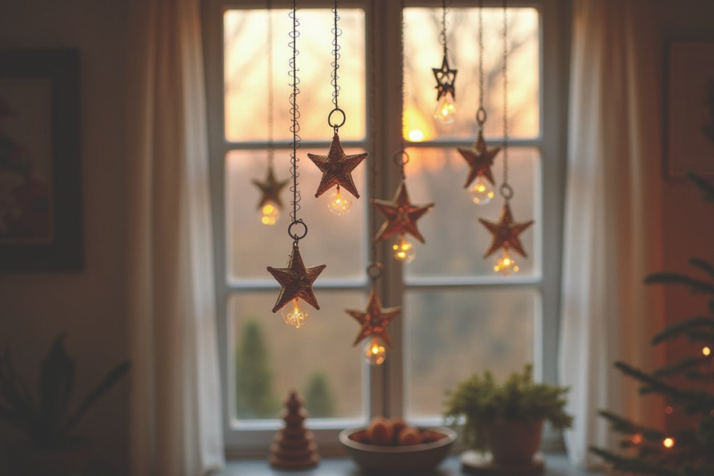 Ventana decorada con estrellas doradas colgantes y luz cálida.”