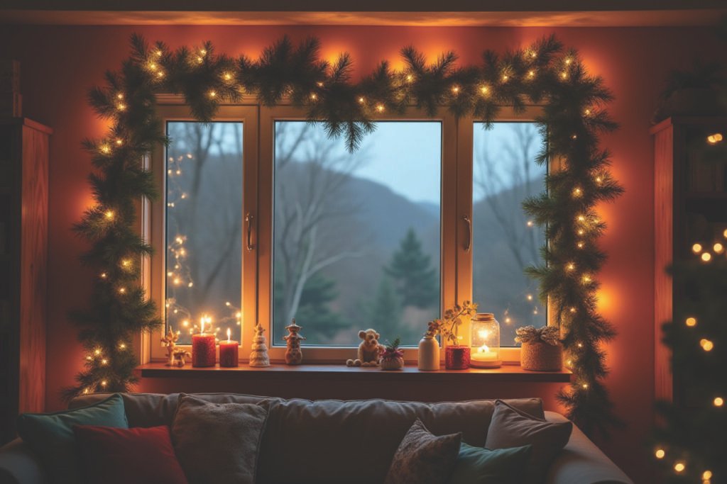 Ventana decorada con guirnalda verde y luces cálidas de Navidad