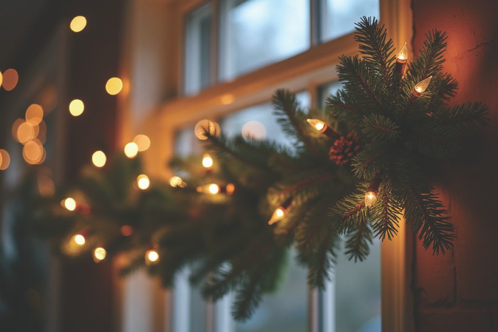 Detalle de guirnalda navideña con ramas de pino y luces cálidas en el marco de una ventana