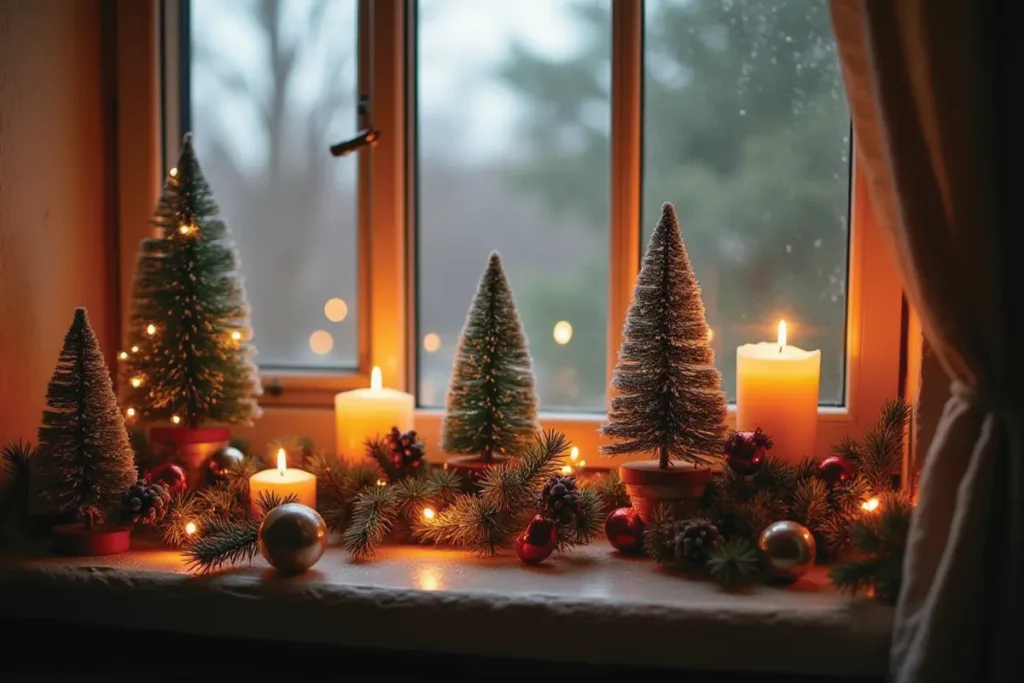 Ventana con mini árboles navideños, velas y pequeños adornos en el alféizar