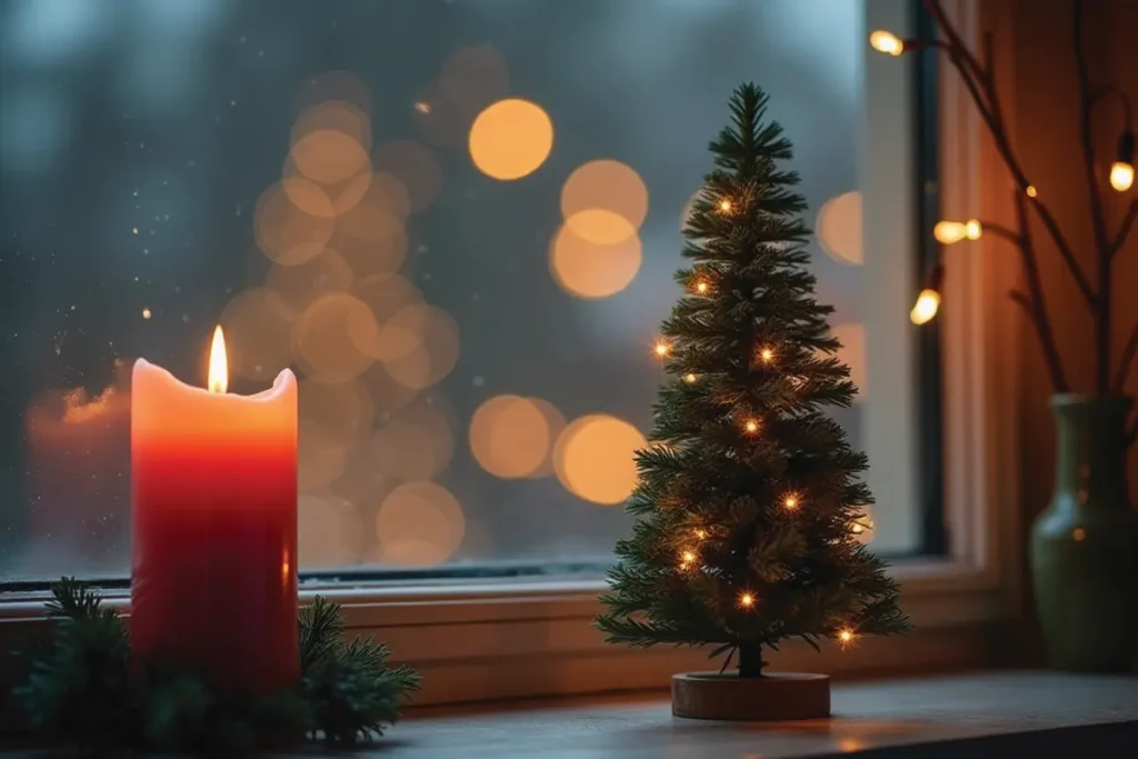 Detalle de un mini árbol de Navidad y una vela decorando el alféizar de una ventana