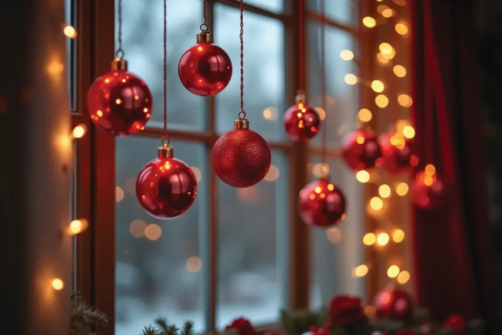 Ventana decorada con adornos rojos navideños colgantes y luces suaves.”
