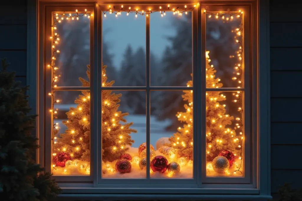 Ventana navideña decorada con luces LED blancas en estilo minimalista.