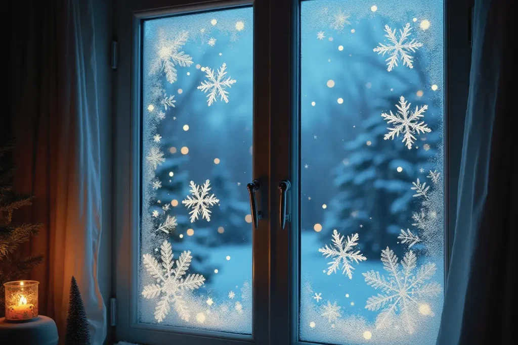 Ventana navideña decorada con nieve artificial y diseños de copos.”