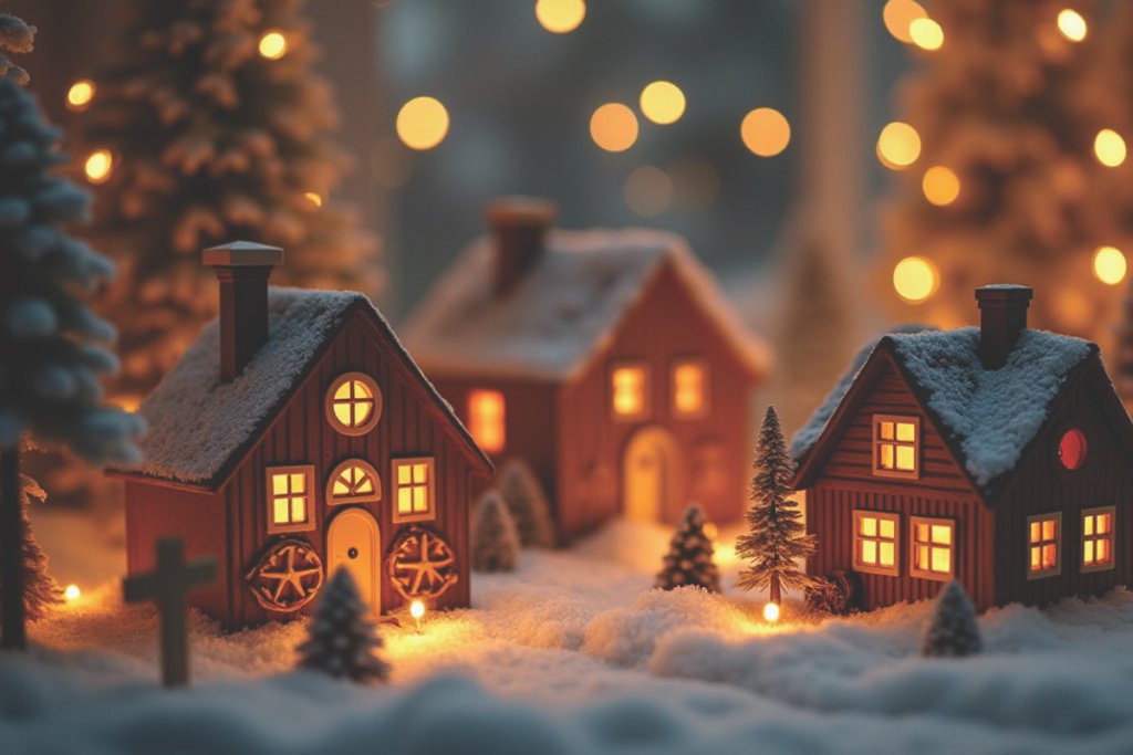Casitas navideñas decorativas con luces cálidas