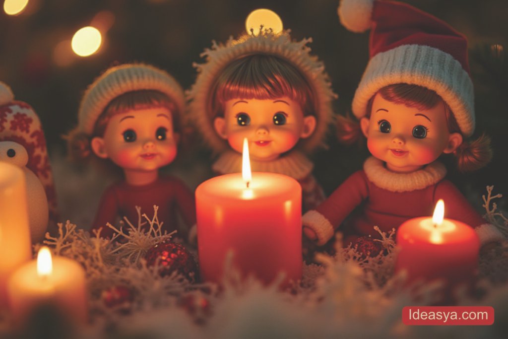 Figuritas navideñas decoradas junto a velas cálidas