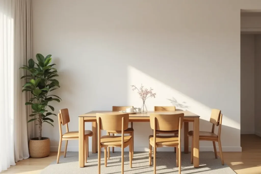 Sala pequeña ordenada con pocos objetos y estilo moderno.