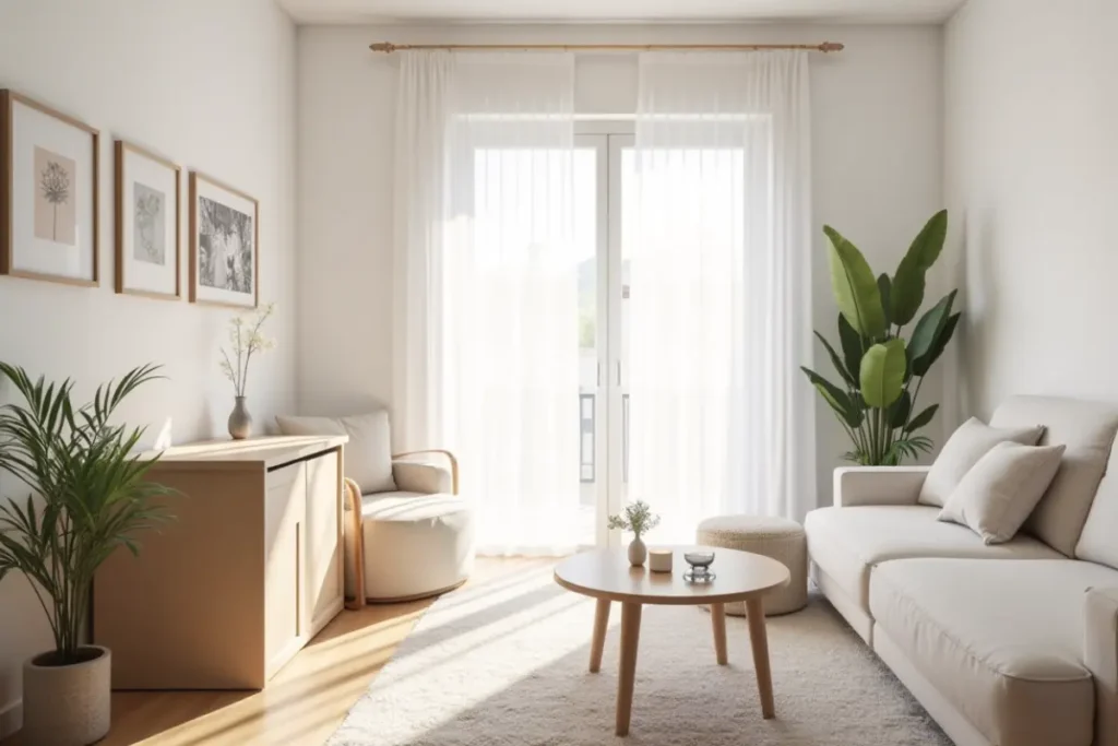 Cortinas claras que aportan luz y amplitud a una sala pequeña
