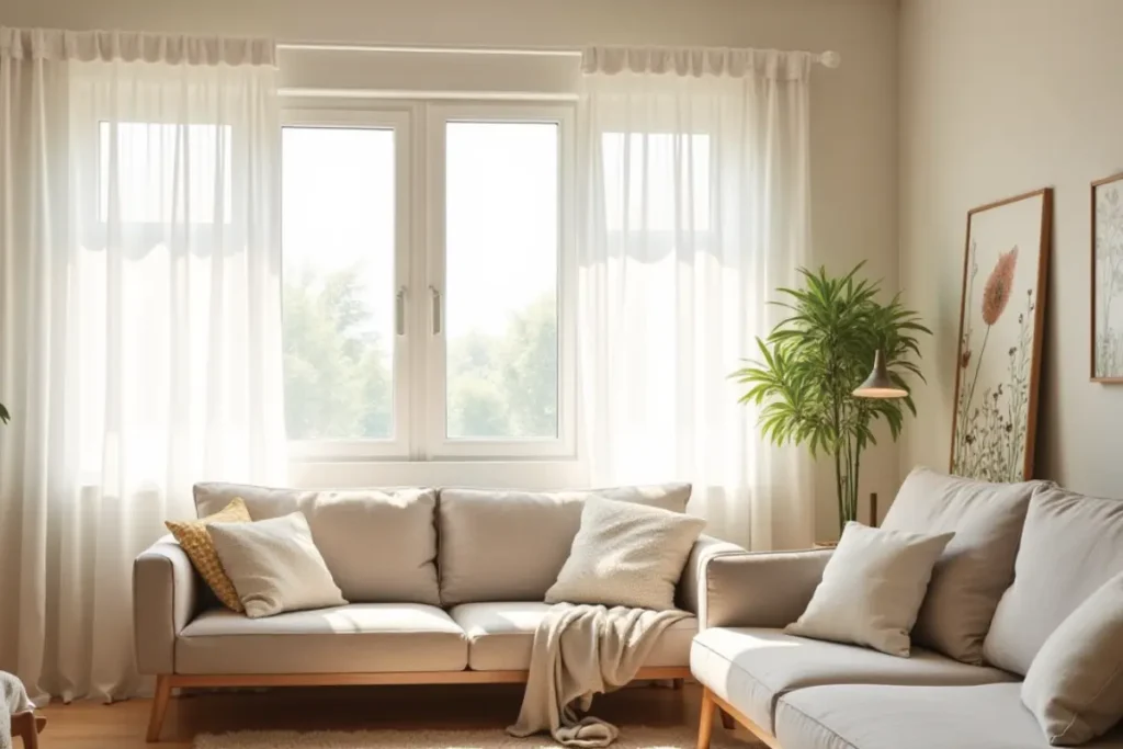 Sala pequeña con cortinas livianas y luz natural abundante.
