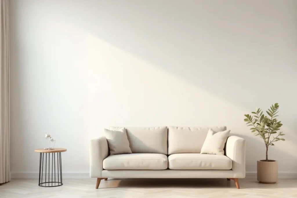 Sala pequeña con paredes blanco roto que amplían visualmente el espacio