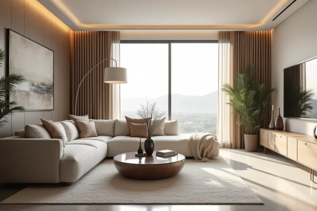 Sala bonita y funcional con sofá cómodo, tonos neutros y luz natural que aportan equilibrio y confort al hogar.