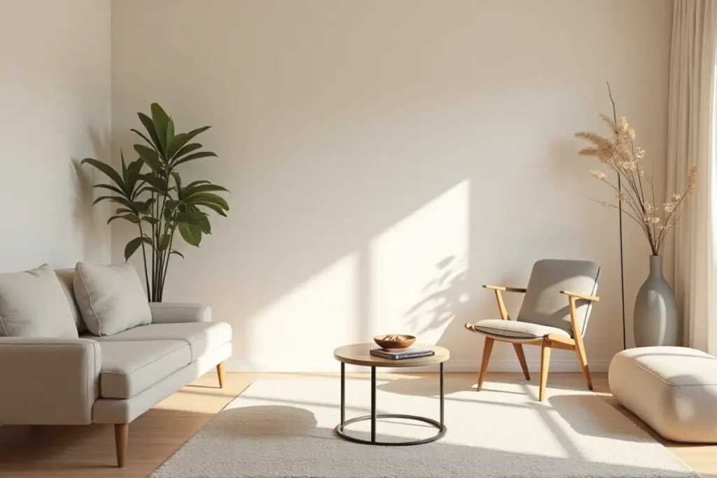 Sala pequeña con colores neutros claros que generan continuidad visual