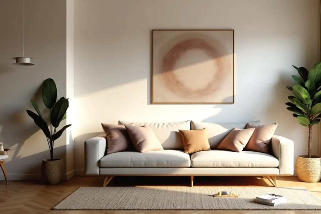 Sala pequeña con paleta de colores suaves y estilo moderno.