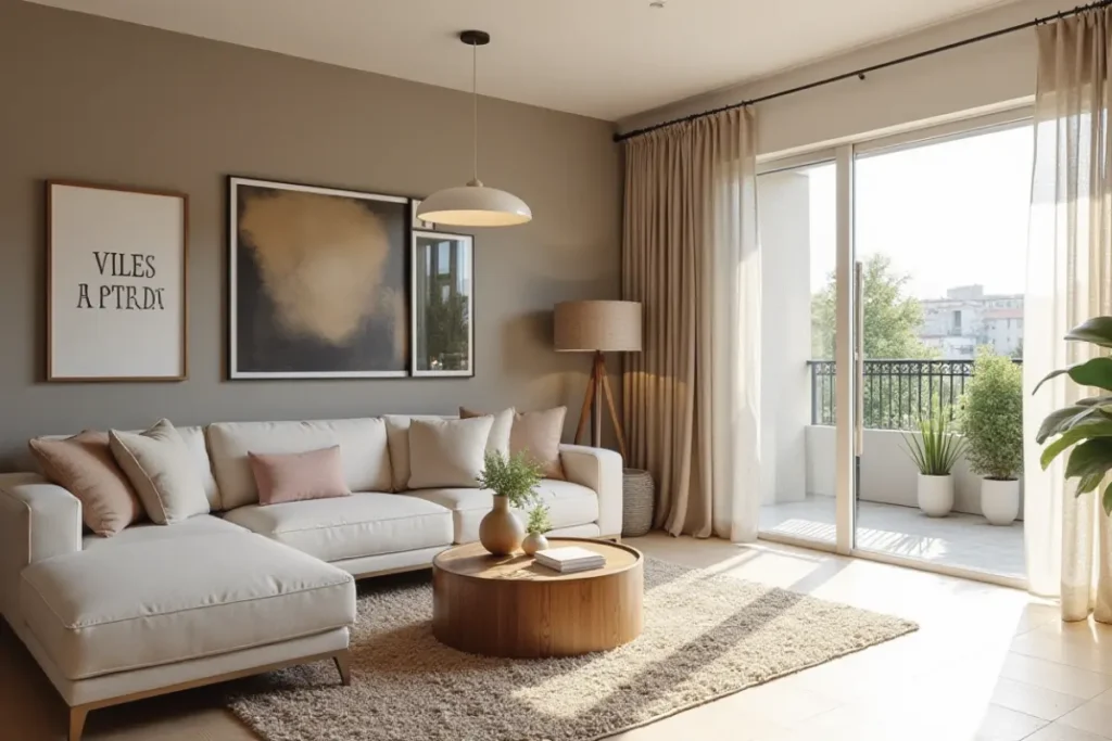 Sala decorada con colores neutros y texturas naturales como lino, madera y alfombras suaves.