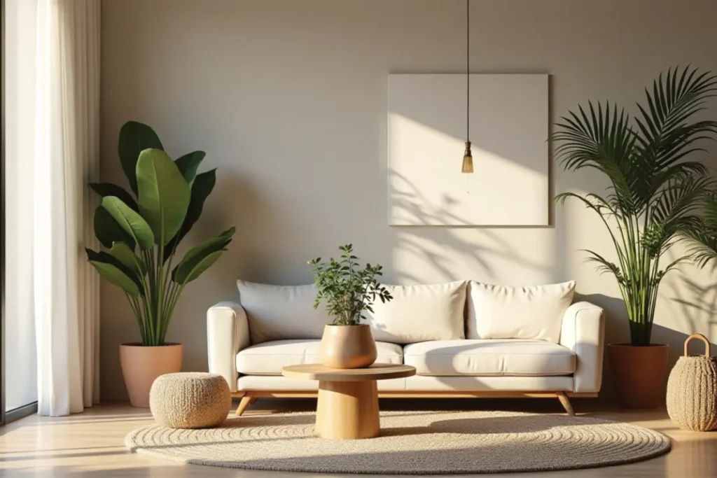 Sala bonita decorada con plantas naturales y detalles decorativos que aportan calidez y estilo.