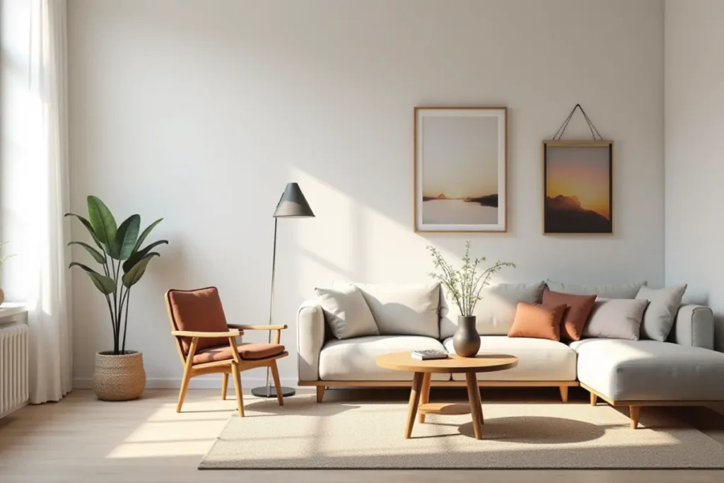 Decoración discreta en sala pequeña con colores claros y sensación de amplitud