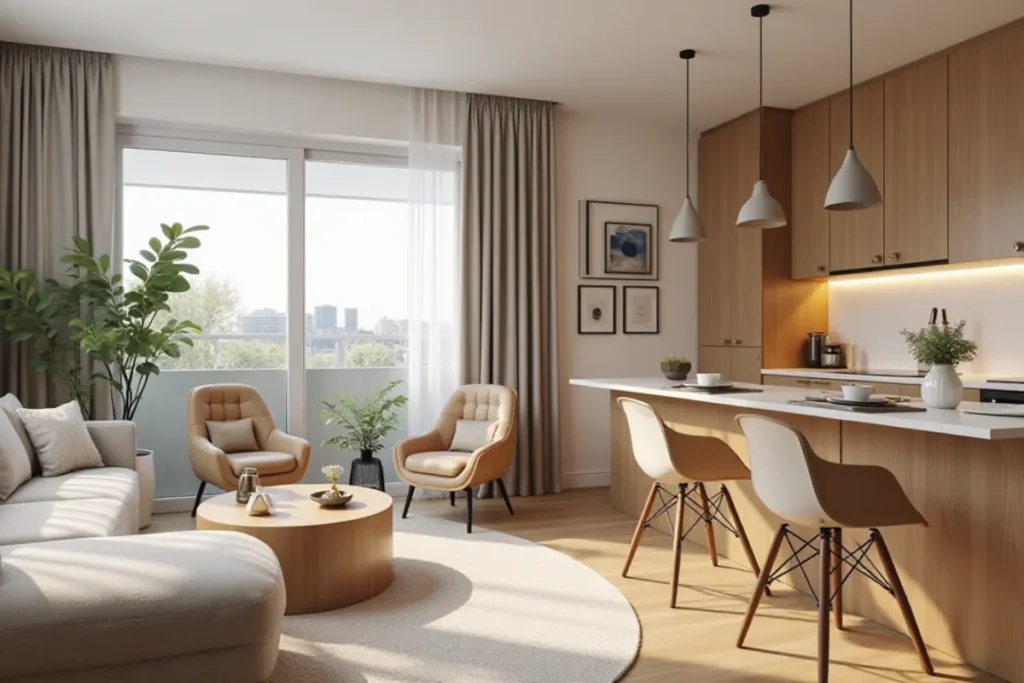 Sala pequeña con distribución simple y funcional en apartamento.