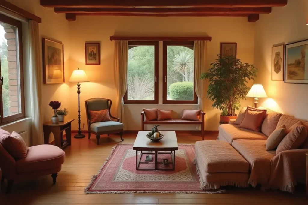 Sala de estar acogedora con sofá cómodo, iluminación cálida y decoración hogareña.