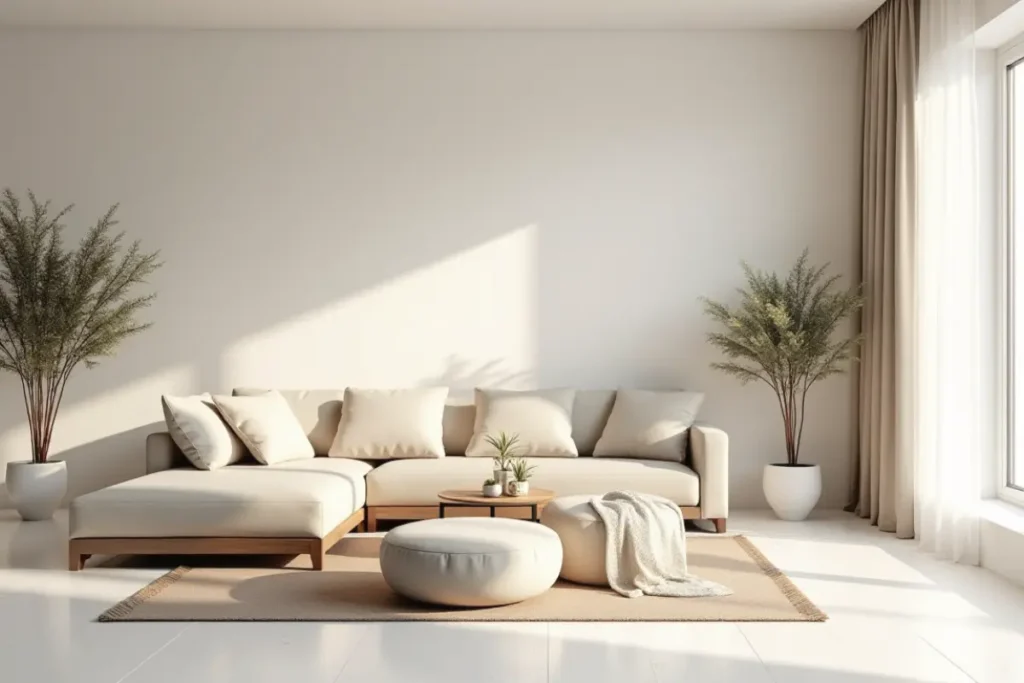 Sala de estar minimalista con líneas limpias y colores neutros.
