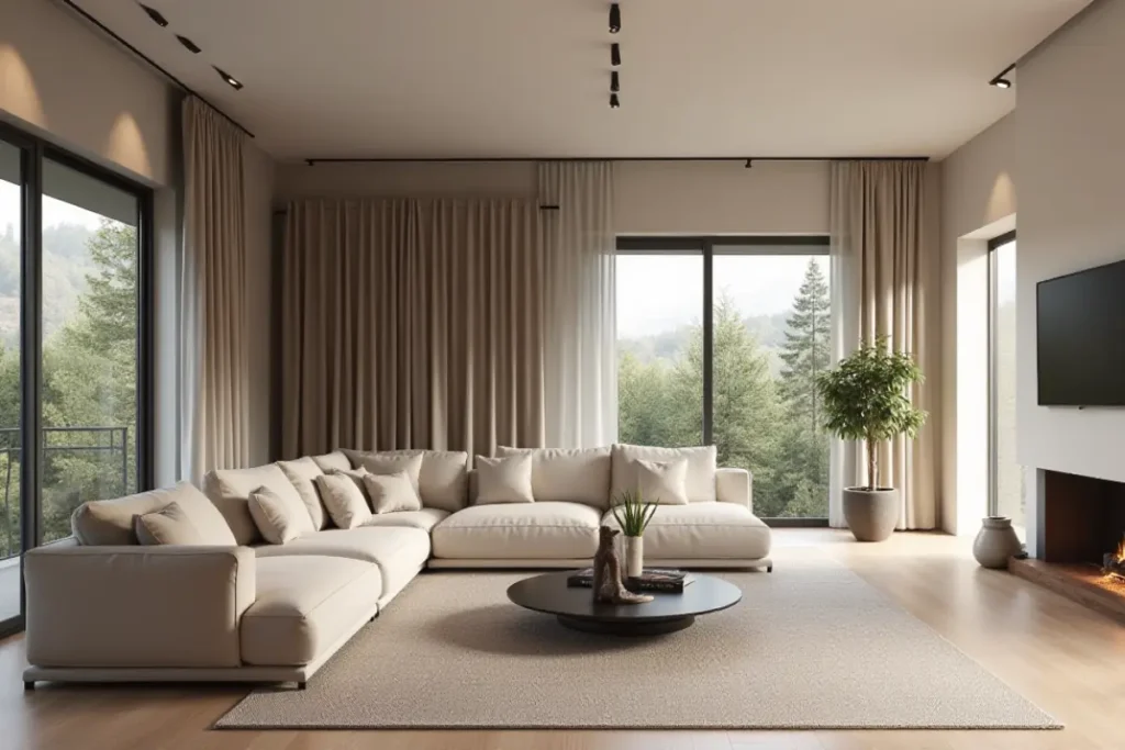 Sala de estar moderna con sofá elegante, colores neutros y diseño contemporáneo.