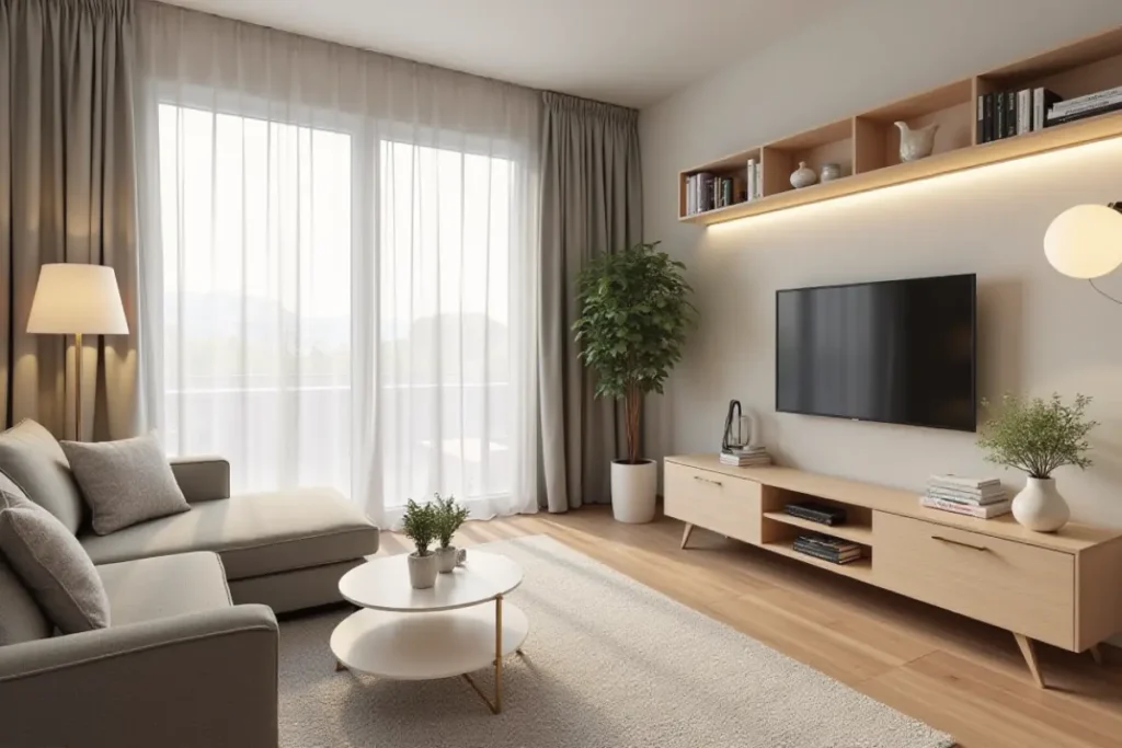 Sala de estar pequeña bien distribuida con muebles compactos y colores claros.