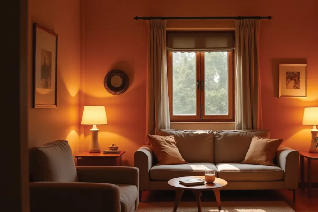 Sala pequeña con iluminación suave y ambiente acogedor.