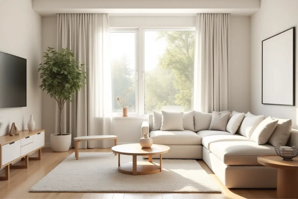 Sala bonita con luz natural, colores claros y ambiente acogedor