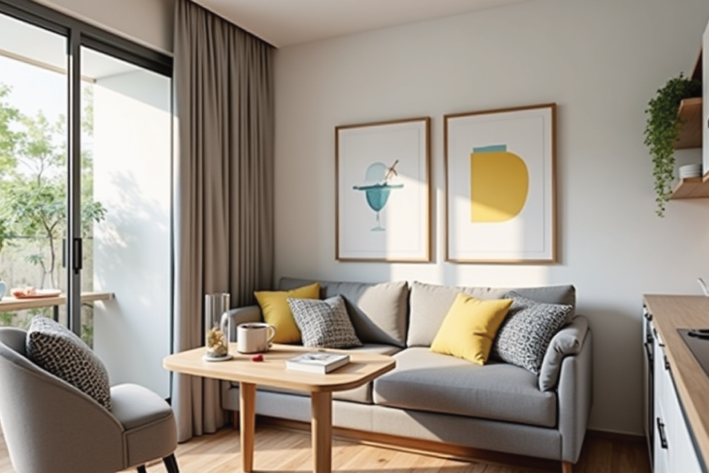 Sala pequeña moderna con muebles compactos y diseño funcional