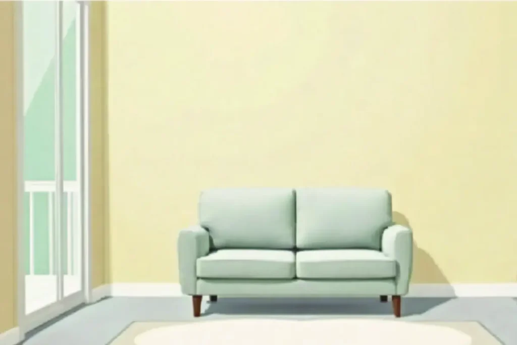 Sala pequeña moderna con luz natural y colores claros en apartamento pequeño.