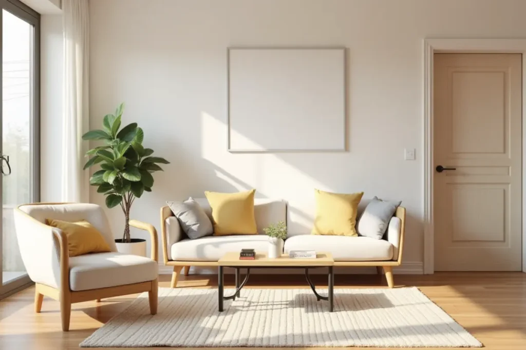 Sala pequeña bonita con muebles compactos y distribución sencilla